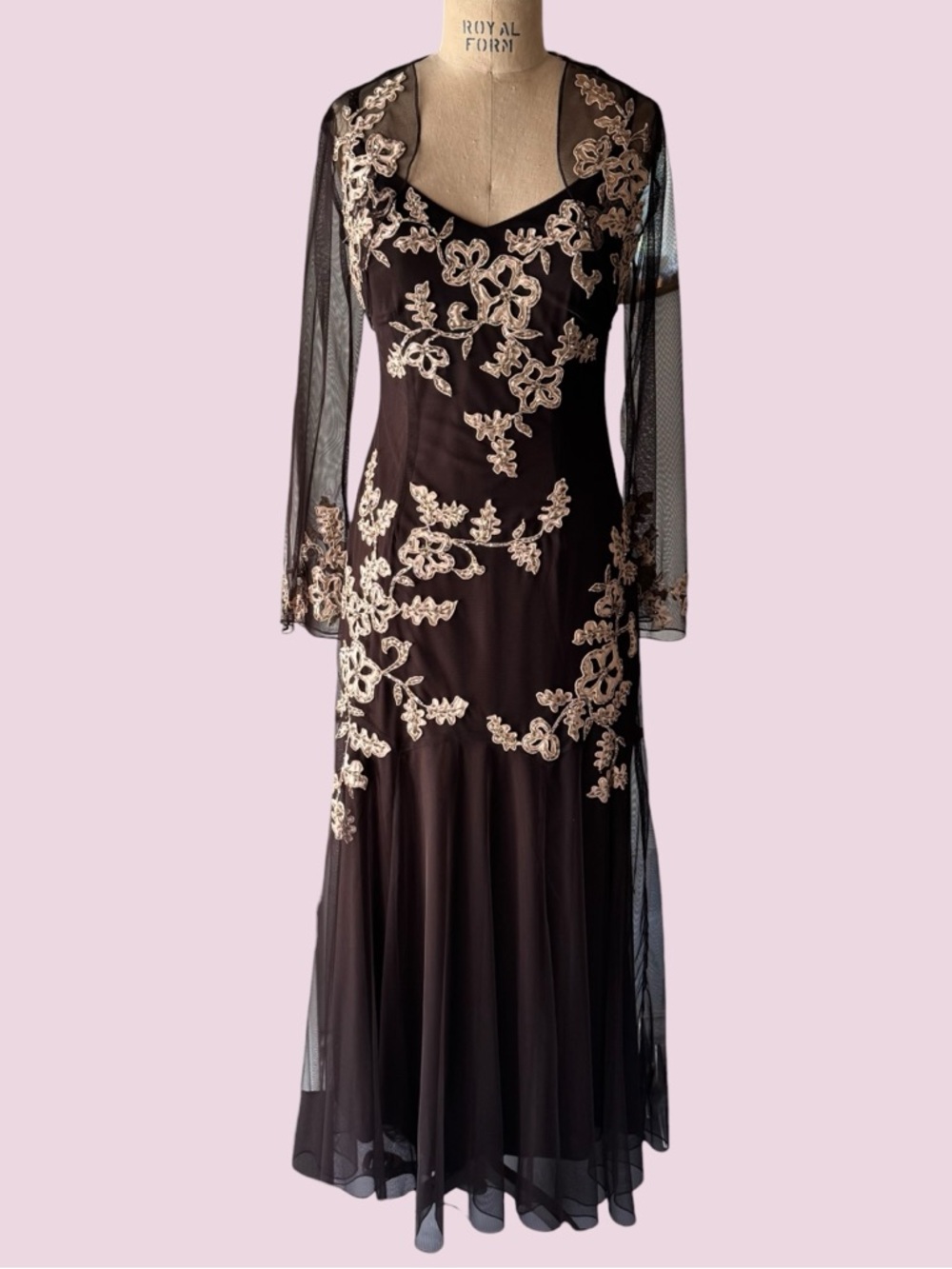 Vintage 90s Xscape Brown Beaded Fairy Maxi Dress and Shawl - Picture 2 of 13